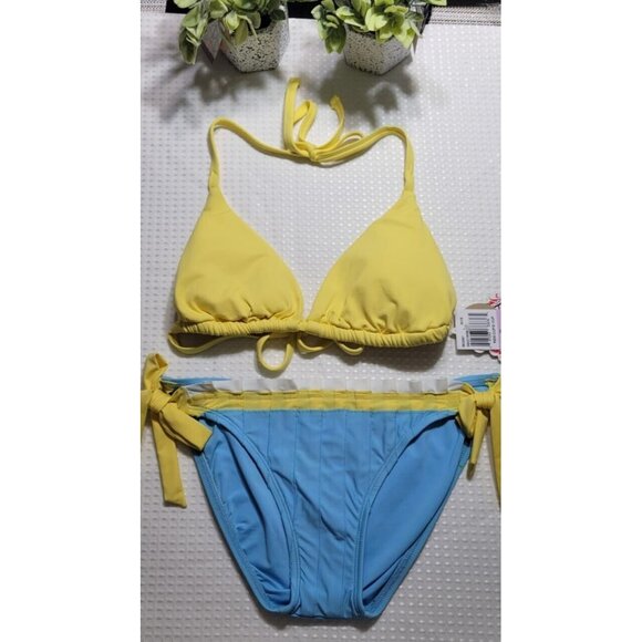 Becca By Rebecca Virtue Bikini Set Womens Surf Blue/Yellow  2 PC Sz L Cup D NEW - Picture 1 of 7